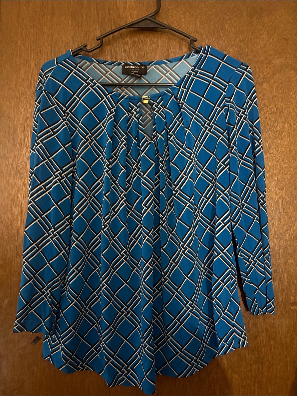Liz Claiborne Teal Blue Geometric Pleat-Front Blouse